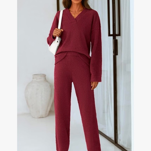 Burgundy  teddy Knit Two-Piece Set - Picture 3 of 8